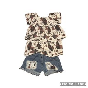 Cow Print Ruffle Top and Distressed Denim Shorts Set